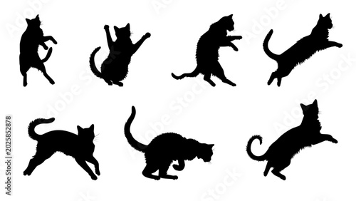 Collection of black cat silhouettes showing different movements like jumping, stalking, and playing. Ideal for design projects, pet themes, and decorative graphics