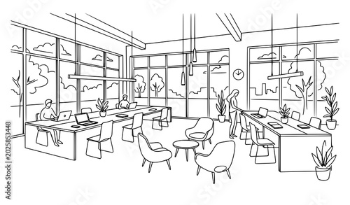 Bild auf Leinwand Creative open office interior outline vector with shared desks chairs and large