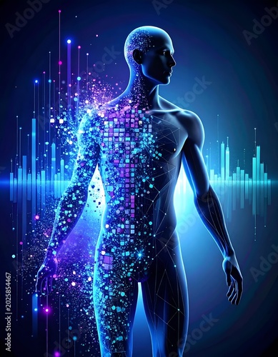 Digital human anatomy with glowing data.
