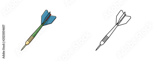 Dart with colorful feathers and steel tip in cartoon and line styles featuring green blue and gold colors used for pub sports and recreation