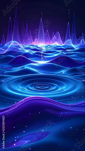 Futuristic neon ripples across glowing waves.