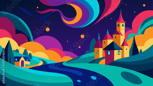 Bilde på lerret Fantasy landscape, colorful illustration, dreamy scenery, vector art