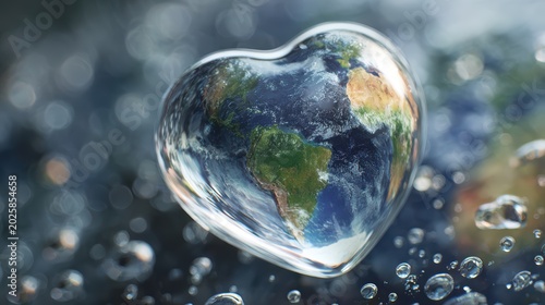 Shiny glass heart pendant reflecting a miniature globe of Earth in a water droplet surrounded by smaller bubbles with natural sunlight effects