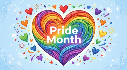 layered rainbow heart with Pride Month text surrounded by colorful hearts and confetti on a blue background Generative AI