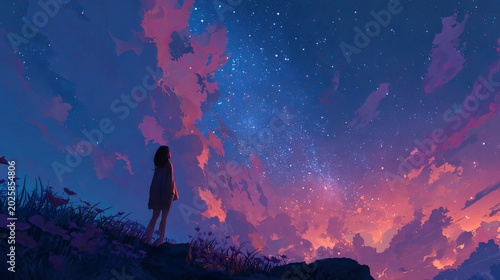 Anime girl gazing at stars on a colorful moody night, soft dreamy lighting, wide outdoor scenic view, vibrant lofi anime art style, emotional atmosphere, 4K animated looping wallpaper background