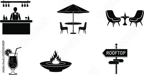 Quadro su tela Collection of black icons for rooftop bar and restaurant with furniture and drin