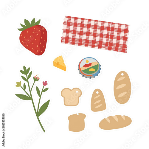 Charming Picnic-Themed Sticker Collection with Strawberry, Bread, Cheese, and Gingham Pattern