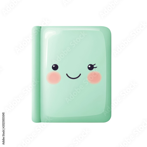 Cute green notebook with a smiling face and pink cheeks on a transparent background on Transparent Background