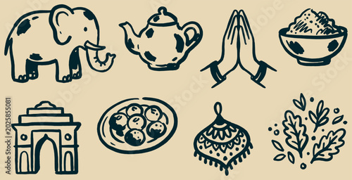 Obraz na plátne Hand drawn vector illustration of Indian culture symbols, including an elephant, teapot, namaste hands, rice, arch, food, and plant