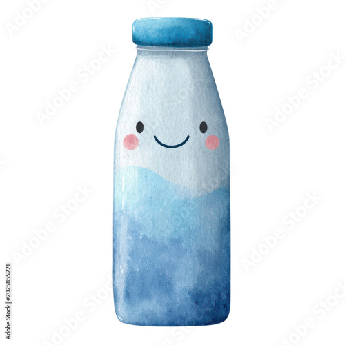 Cute cartoon water bottle with smiling face and blue design on transparent background on Transparent Background