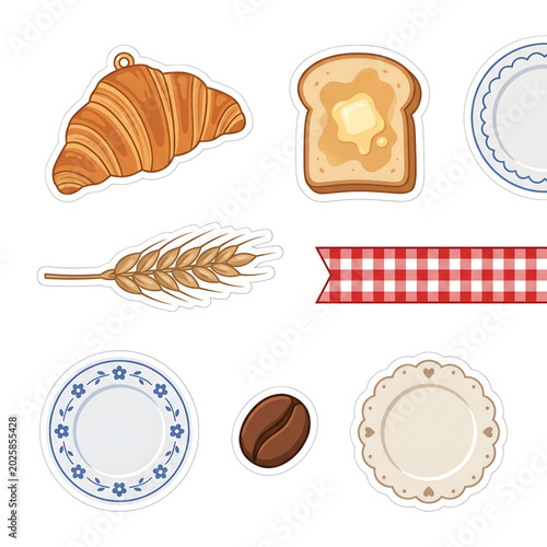 Charming Breakfast Collection: Sticker-Style Croissant, Buttered Toast, Wheat, Coffee Bean,