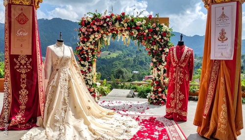 Exquisite Bhutanese Wedding Setup with Traditional Dresses and Floral Arch.