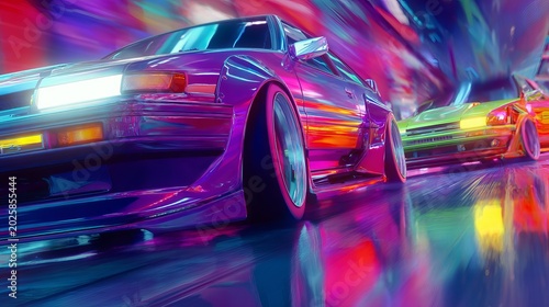 Retro futuristic drifting cars in motion, bold neon colors, 80s retro animation style, dynamic cinematic lighting, wide view, 4K seamless looping animated wallpaper background