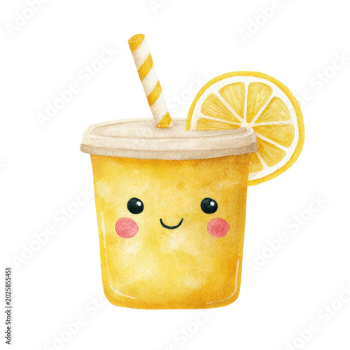 Cute cartoon drink with lemon slice and straw on isolated background on Transparent Background