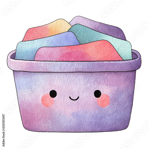 Cute cartoon container with colorful items and a smiling face on a transparent background on Transparent Background
