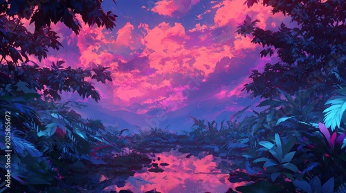 Vibrant colorful anime digital scene with dynamic lighting effects, bold saturated tones, wide view, expressive anime art style, 4K seamless looping animated wallpaper background