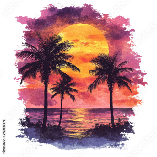 Sunset over ocean with palm trees and colorful sky in nature scene on Transparent Background