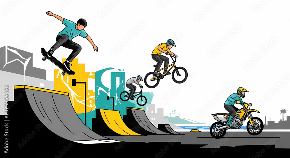 Fototapeta premium Action sports scene with skateboarder and cyclists