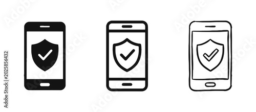 Bild auf Leinwand Mobile phone security shield icon set in solid, outline, and hand-drawn styles