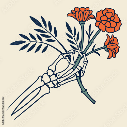 Fotografie Skeleton fingers clutching orange marigold plants.