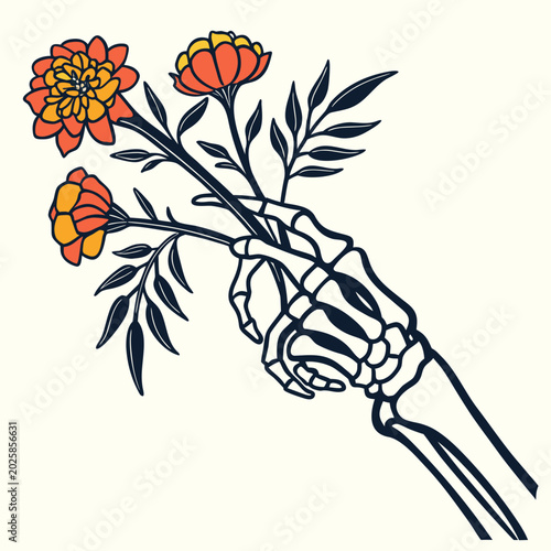 Slika na platnu Skeleton hand holding orange marigold flowers sign.