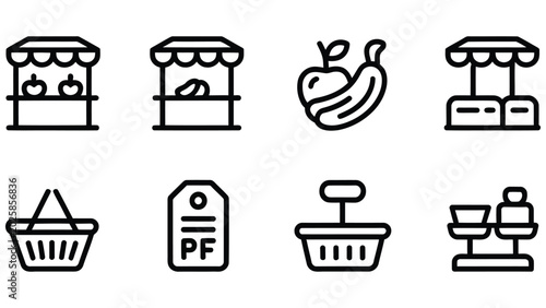 Cuadro en lienzo Black line icons of fruit stand shopping and market concepts on white background