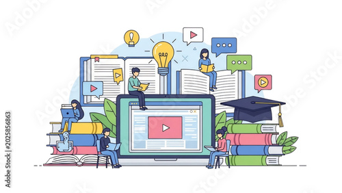 Digital Video Education Hub and E-Learning Scene SVG with Transparent Background for Online Course Banner and Web Tutorial Platform