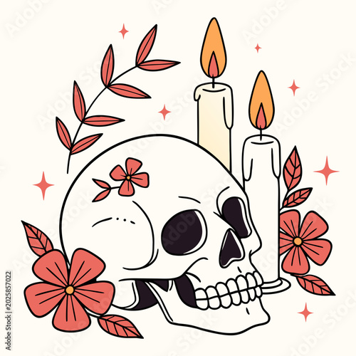 Cuadro en lienzo Decorative skull with candles and flowers illustration.