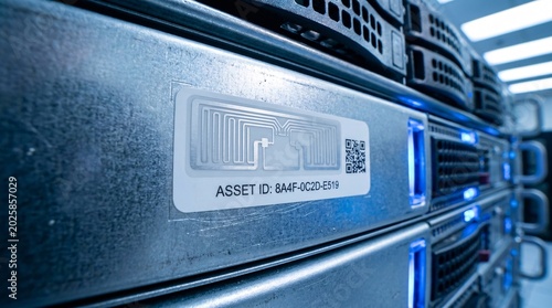Close-up of an RFID asset ID sticker and QR code on a data center server rack, symbolizing IT asset management and inventory tracking