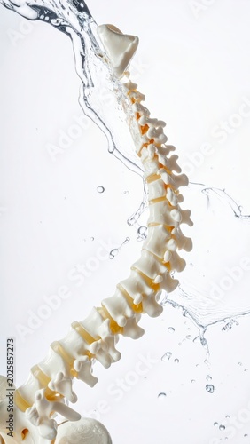 Dynamic splash of clear water with clean white fish bone spine in motion