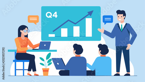 Business team, office meeting, Q4 report, graph analysis, corporate strategy