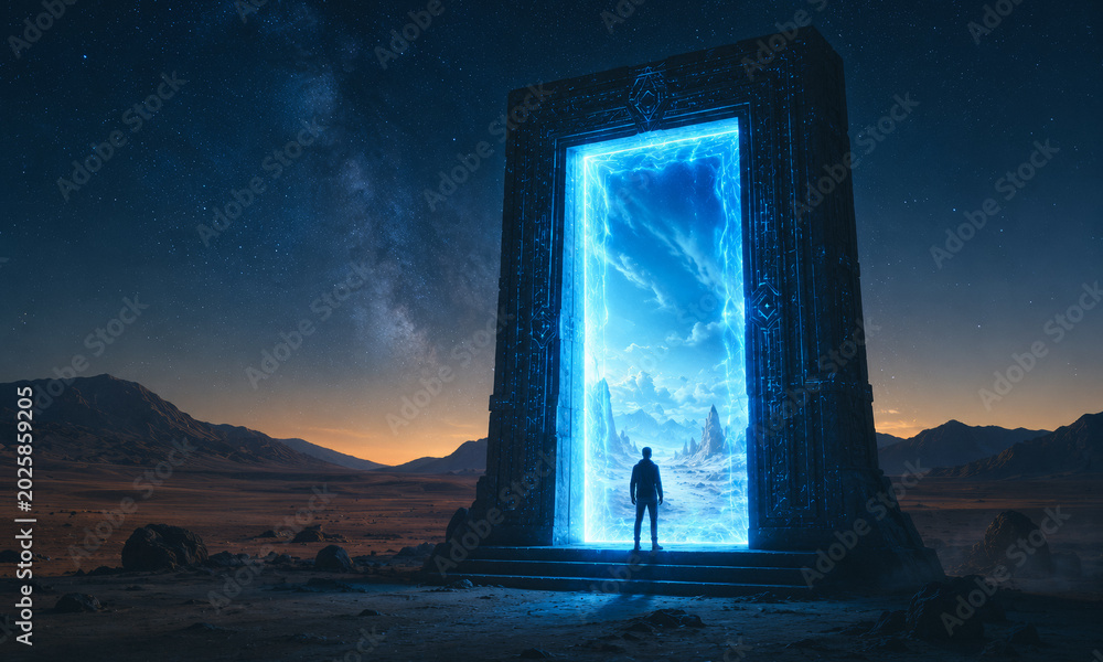 Obraz premium person walks into fantastic world through open door, new beginning and life, gates to heaven, afterlife and paradise concept