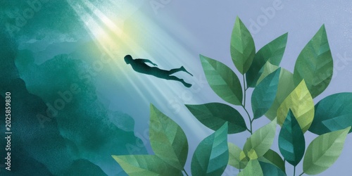 a diver swimming underwater, background with sunshine and green leaves at the bottom, dark yellow and light emerald, sleek metallic finish