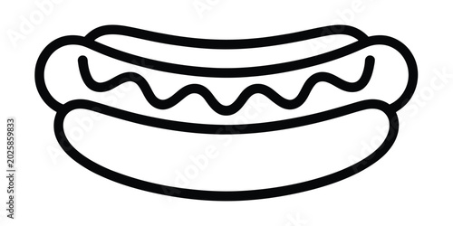 Simple black outline icon of a tasty hotdog with wavy mustard line