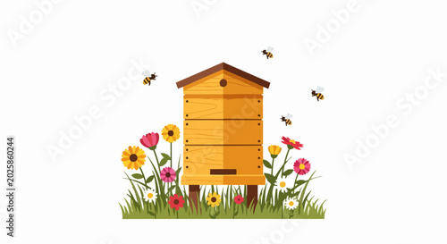 Wooden Beehive in Flower Garden with Flying Honey Bees Vector Illustration. Isolated Beekeeping and Pollination Concept on White Background.