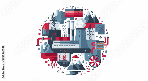 Industrial Power Plant and Energy Sector Illustration Concept with Factory, Electricity Pylons, and Carbon Footprint Icons