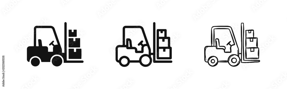 Naklejka premium Forklift truck warehouse icons, logistics and shipping equipment symbol