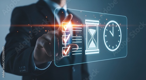 Time management concept with business professional interacting with digital interface