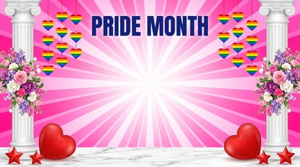 Pride Month Background with Hearts, Stars, Rainbow Balloons - LGBTQ+ Celebration