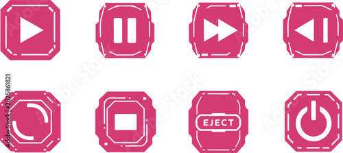 Foto Set of eight colorful media player control icons featuring play pause skip and e