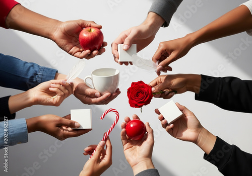 Diverse Group of Hands Holding Red and White Symbolic Items