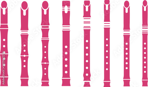 Fotografija Set of colorful illustrated wooden flutes with finger holes arranged in a row de