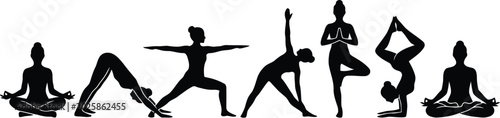 Bild auf Leinwand Yoga Poses Silhouettes Set for Health and Wellness