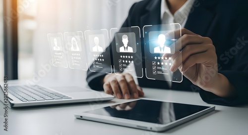 Customer feedback analysis concept with digital profiles and star ratings on modern devices