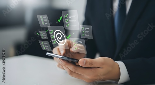 Digital email management concept with checklist icons and business professional using smartphone