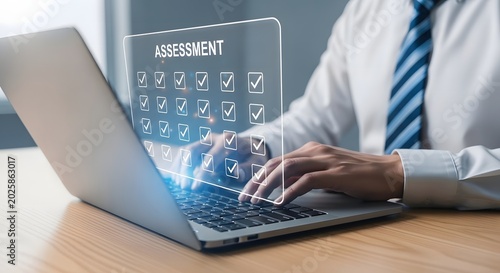 Online assessment concept with laptop and checkmarks business professional working