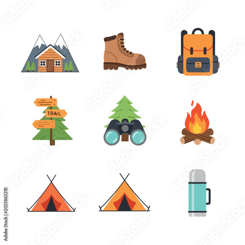 This vector illustration features a collection of colorful flat icons representing outdoor camping and hiking adventures in the mountains.
