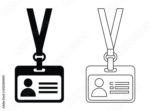 Fotografie Two ID badge icons, solid and outline variations, hanging on lanyards, vector il