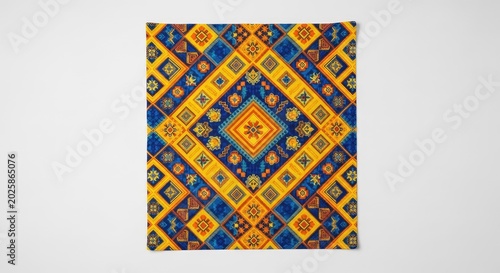 This rich and vibrant textile pattern features bold geometric shapes and intricate motifs in radiant hues of yellow, orange, and deep blue, multicolored, texture, vivid