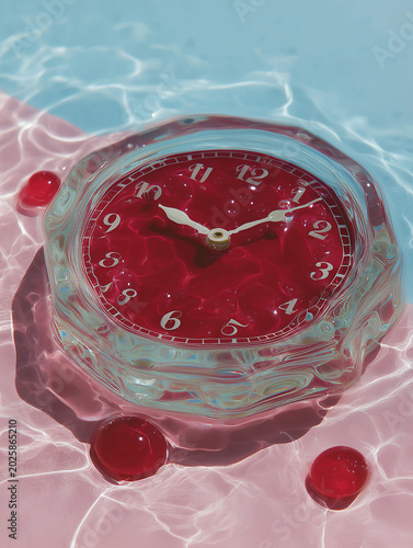 Red clock face submerged in pool water with glass rim and rippled reflections on blue and pink background. Surreal time concept for advertising and editorial.